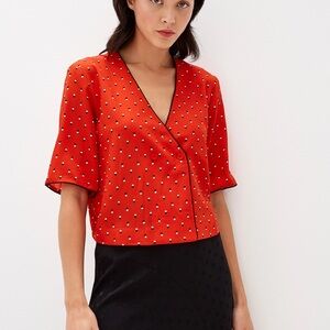 Mango V-Neck Red Blouse with Dots